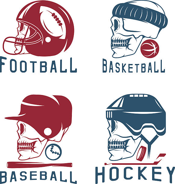 ilustraciones, imágenes clip art, dibujos animados e iconos de stock de deporte vintage vector conjunto de etiquetas con cráneo - baseball men classic adult