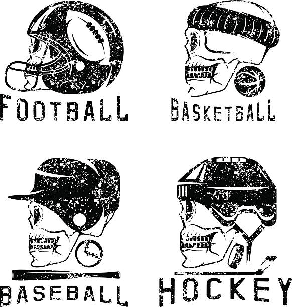 ilustraciones, imágenes clip art, dibujos animados e iconos de stock de deporte vintage grunge vector de conjunto de etiquetas con cráneo - baseball men classic adult