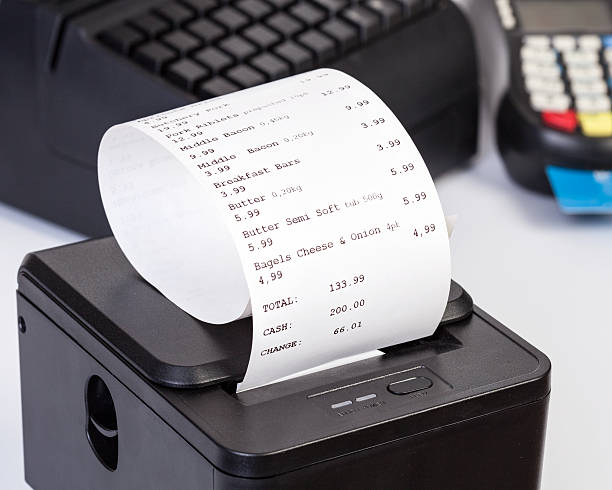 Receipt Printer with paper shopping bill. Receipt Printer with paper shopping bill. cash register photos stock pictures, royalty-free photos & images
