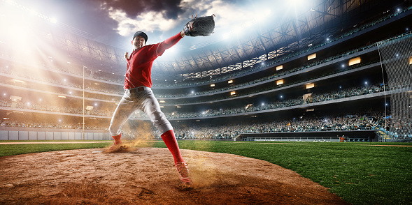 Image of a baseball batter ready to throw baseball. He is wearing unbranded generic baseball uniform. The game takes place on outdoor baseball stadium full of spectators under stormy evening sky at sunset. The stadium is made in 3D.