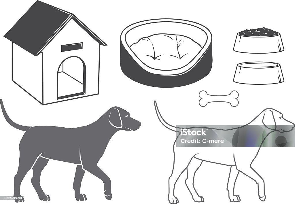 Dog set Set of dog silhouettes and  accessories Dog Bone stock vector