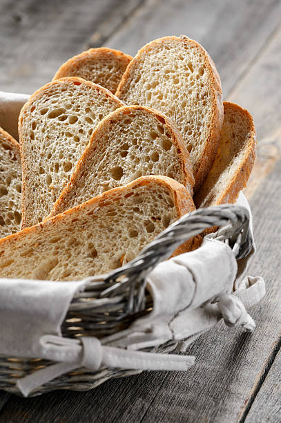 Homemade bread slices in a breadbasket stock photo