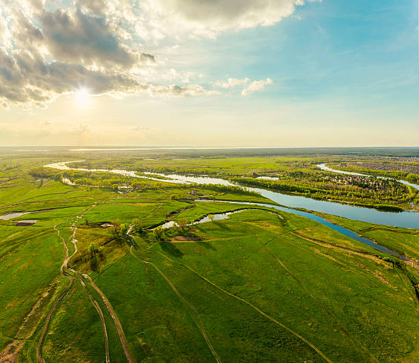 istock Beautiful sunset on the field. Aerial view. 522539388