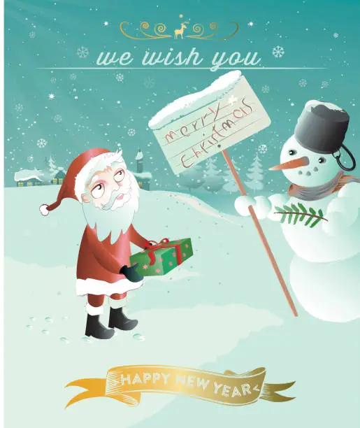 Vector illustration of little santa with snowman