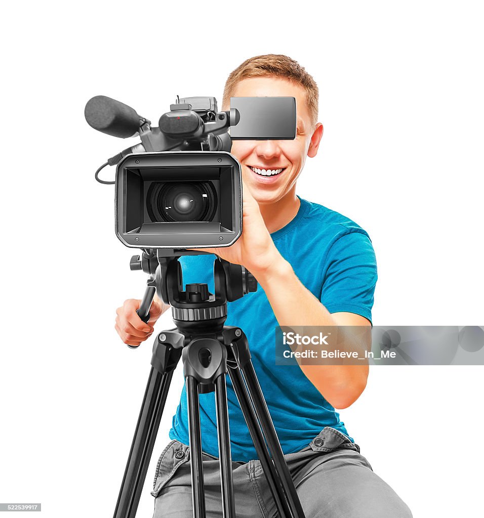 Video camera operator Video camera operator smile and working with his professional equipment isolated on white background Camera Operator Stock Photo