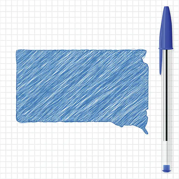 Vector illustration of South Dakota map sketch on grid paper, blue pen