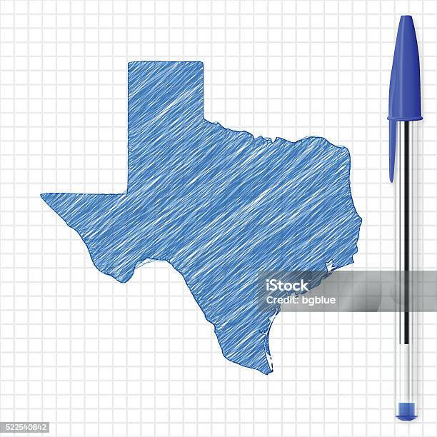 Texas Map Sketch On Grid Paper Blue Pen Stock Illustration - Download Image Now - Austin - Texas, Ballpoint Pen, Blue