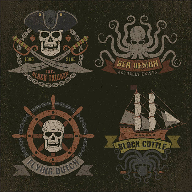 pirate-logo - skull dirty insignia grunge stock-grafiken, -clipart, -cartoons und -symbole