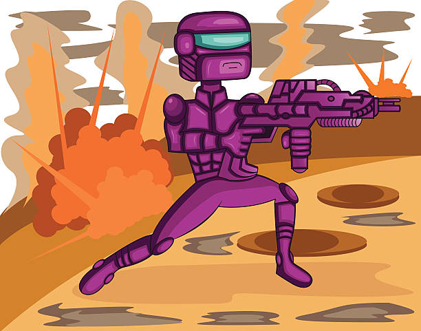 Robot Police in mission Illustration of purple robot police in mission fighting in a battle field with big weapon firing squad stock illustrations