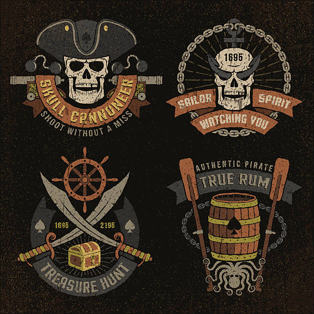 Pirate emblem with skulls Pirate emblem with skulls and grunge texture. Logos, text, background and grunge texture on separate layers. pirate criminal stock illustrations
