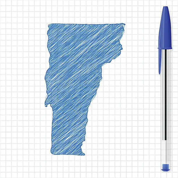 Vector illustration of Vermont map sketch on grid paper, blue pen