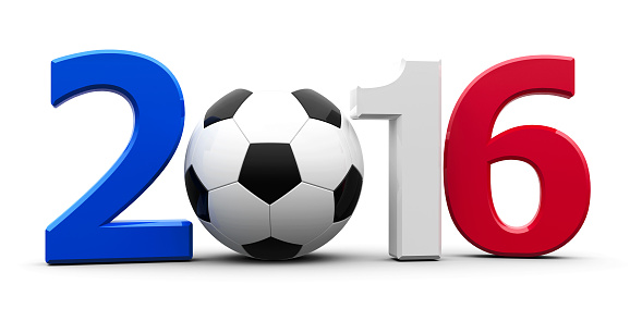 Figures 2016 in the colors of french flag with football isolated on white background, represents Euro 2016 - France football championship, three-dimensional rendering