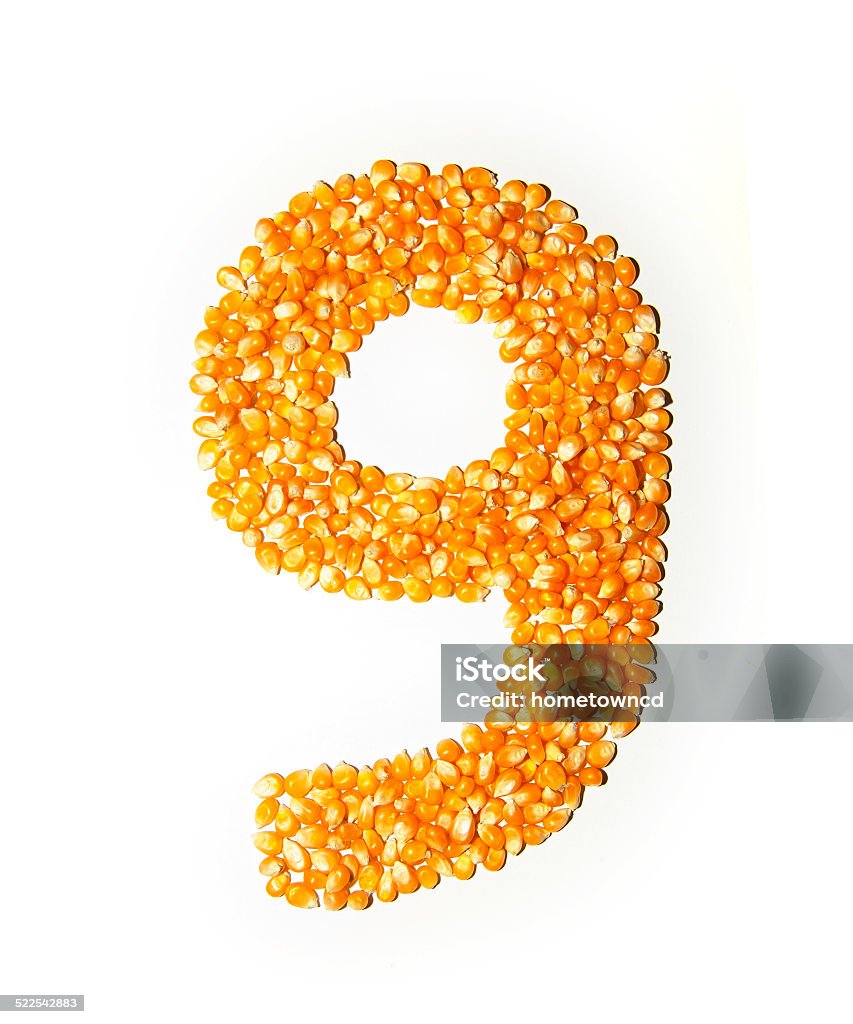 Corn Number 9 Number 9 made of corn isolated on white background. Close-up Stock Photo