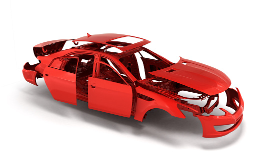 concepto coche pintura de cuerpo rojo e imprimarse partes cerca de aislados photo