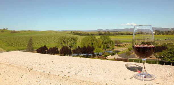 Glass of red wine on balcony overlooking Napa Valley vineyards stock photo