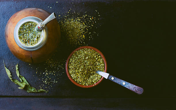 istock Yerba mate traditional latin american herb tea. Top view 522543950