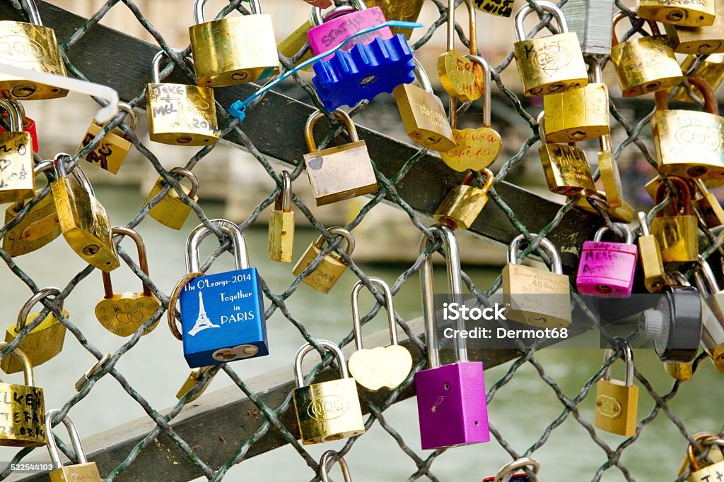 Parisian love locks Photo shows various Parisian love locks on the bridge. Cultures Stock Photo
