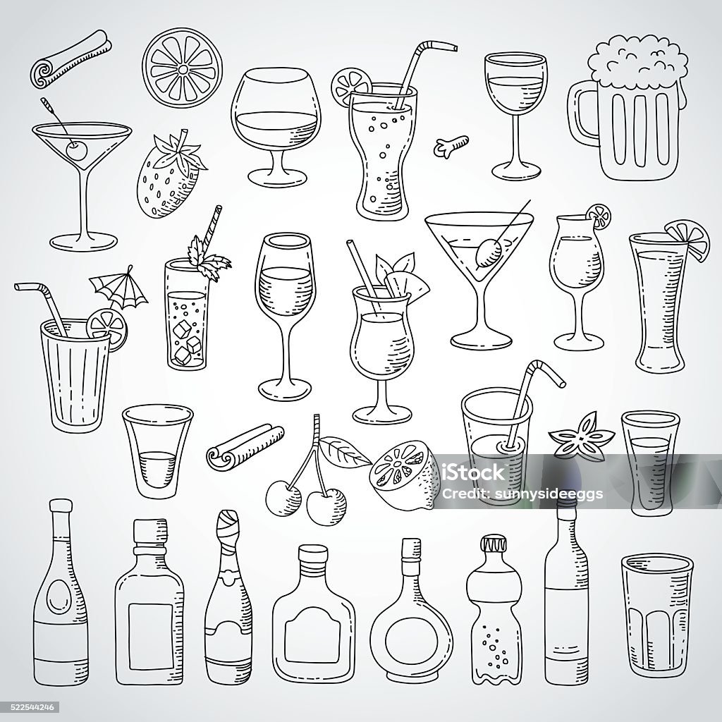doodle set cocktail and drink doodle food icons, kitchen, hand drawn, Vector illustration. White background Drawing - Activity stock vector