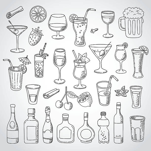 doodle set cocktail and drink doodle food icons, kitchen, hand drawn, Vector illustration. White background cocktail wine bottle glass alcohol stock illustrations