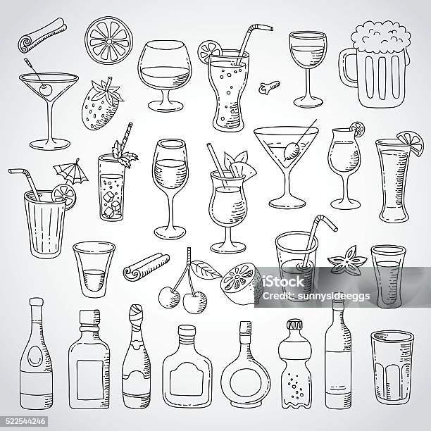 Doodle Set Cocktail And Drink Stock Illustration - Download Image Now - Drawing - Activity, Drink, Drawing - Art Product