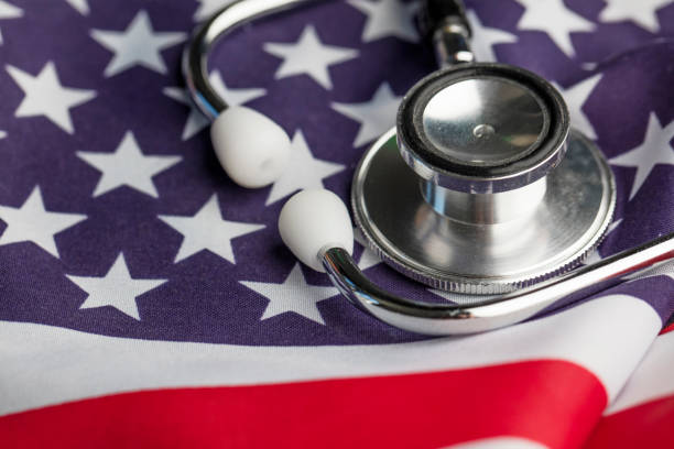 istock Stethoscope on an american stars and stripes flag 522545420