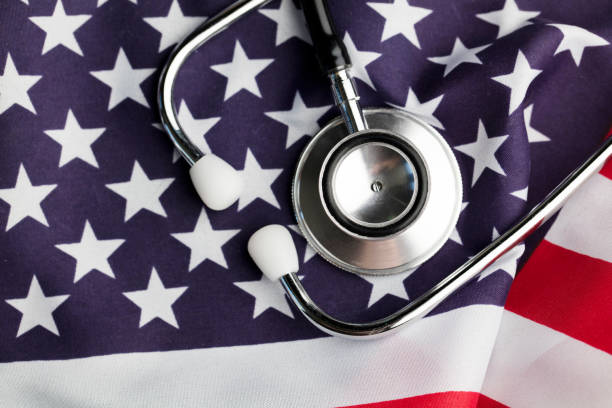 istock Stethoscope on an american stars and stripes flag 522545688
