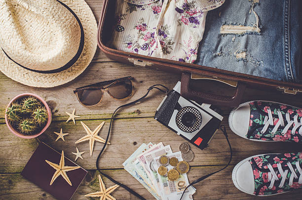 istock Travel preparations on wooden table 522545876