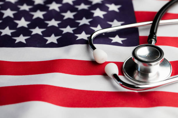 istock Stethoscope on an american stars and stripes flag 522546026