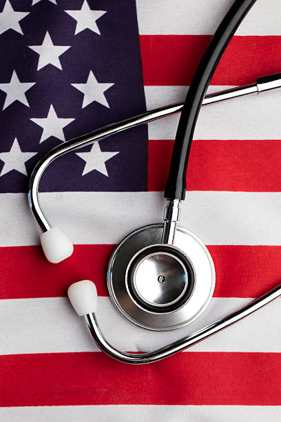 istock Stethoscope on an american stars and stripes flag 522546130