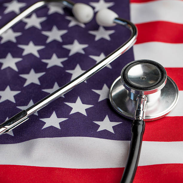 istock Stethoscope on an american stars and stripes flag 522546302