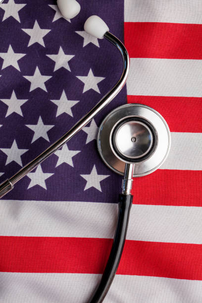 istock Stethoscope on an american stars and stripes flag 522546492