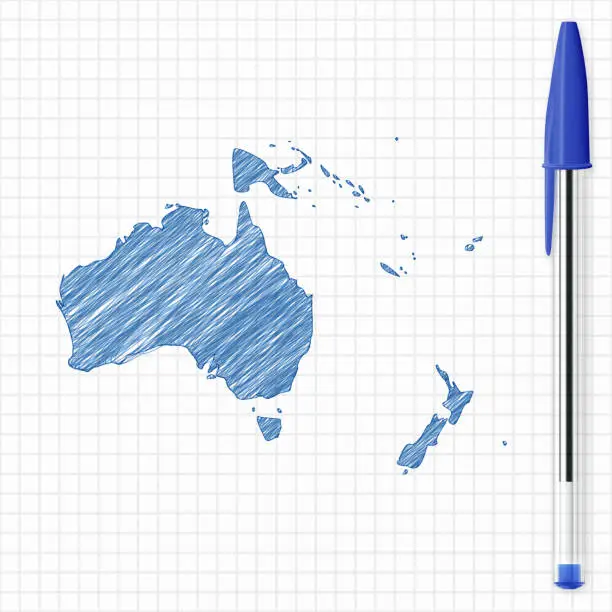 Vector illustration of Oceania map sketch on grid paper, blue pen