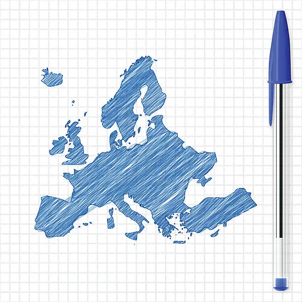 Vector illustration of Europe map sketch on grid paper, blue pen