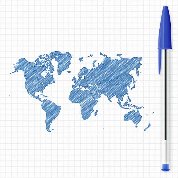 Vector illustration of World map sketch on grid paper, blue pen