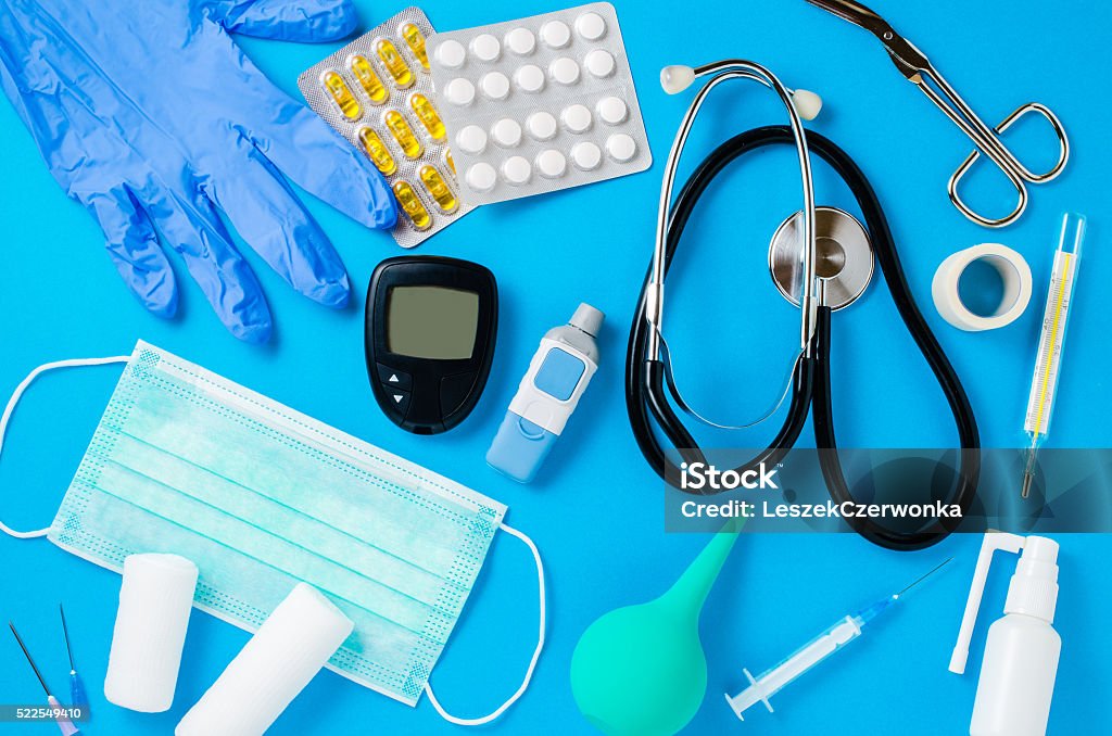 Medical equipment background Medical equipment on blue background Backgrounds Stock Photo
