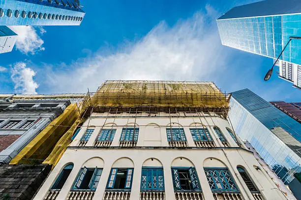 Photo of bamboo scaffolds street construction Soho Central Hong Kong