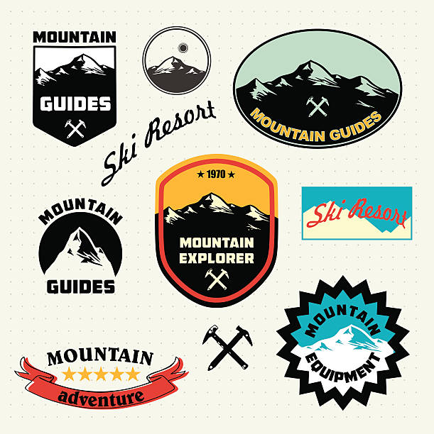 ilustraciones, imágenes clip art, dibujos animados e iconos de stock de conjunto de etiquetas de las montañas.  complejo turístico de esquí de logotipo e icono colección. - sunset winter mountain peak european alps