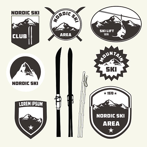 set of ノルディックスキー、バッジおよびデザイン要素のロゴパッチ - mountain skiing ski lift silhouette点のイラスト素材／クリップアート素材／マンガ素材／アイコン素材