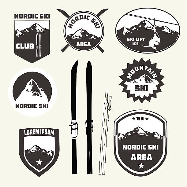 세트마다 북유럽 스키타기 디자인, 출입증 및 로고 패치 - mountain skiing ski lift silhouette stock illustrations