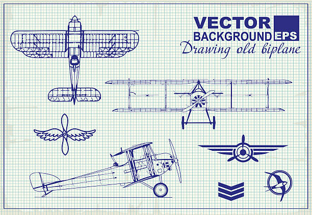 vintage samolotów rysunek na wykresie papierowym i elementy projektowe - armed forces airshow fighter plane airplane stock illustrations