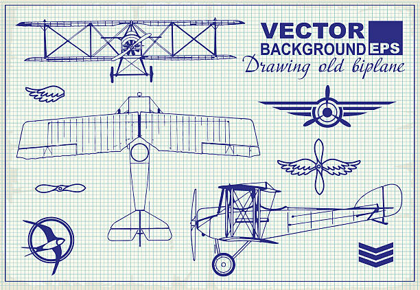 vintage samolotów rysunek na wykresie papierowym i elementy projektowe - fighter plane aerospace industry air air vehicle stock illustrations