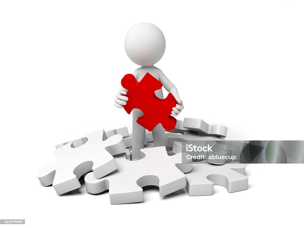 solution 3d small person holding a red  puzzle. Adult Stock Photo