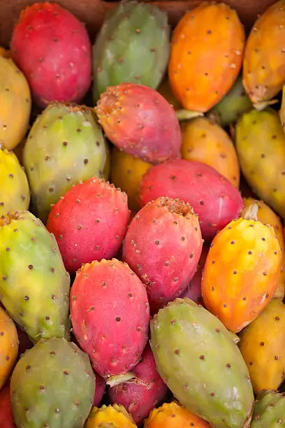 Prickly Pear fruit for sale at a market in southern Italy. The fruit is also known as Indian Fig, Tuna and Nopal. Once peeled they can be eaten, or the juice extracted for drinks, jelly or sweets.