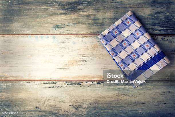 Top View Of Checkered Napkin On Wooden Table Stock Photo - Download Image Now - Abstract, Blue, Boarded Up