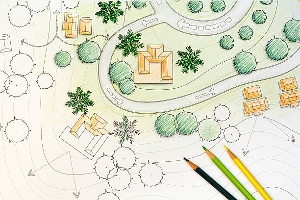 arquitecto paisajista diseñar plan de análisis de sitio - landscape design landscaped plan fotografías e imágenes de stock