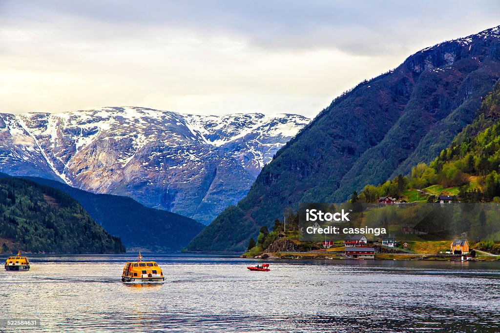 Bathyscaphe with tourists and village, The North Sea Norwegian landscape Norway Stock Photo