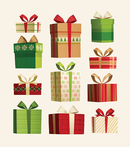 christmas gift boxes set isolated on white. - yeni yıl hediyesi stock illustrations