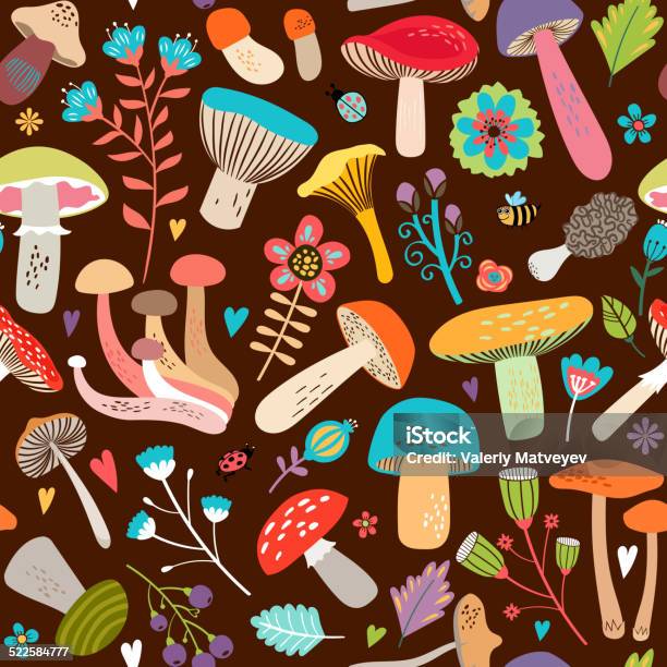 Assorted Leaves And Mushrooms On Brown Background Stock Illustration - Download Image Now - Animal Markings, Animal Pattern, Cartoon