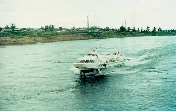 retro-photo, passenger hydrofoil sailing on the river Yenisei.