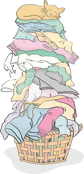 Vector illustration of Tall Pile of Clean Laundry in Basket with Cat